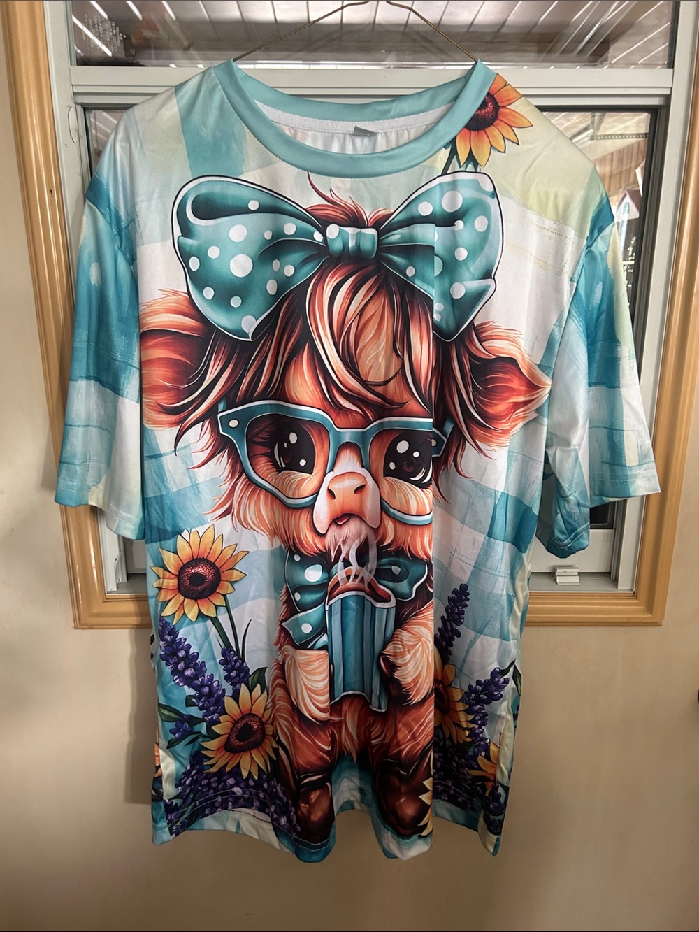 Cute Highland Cow Graphic Tee with Teal Bow and Sunflower Accents - Picture 2 of 4